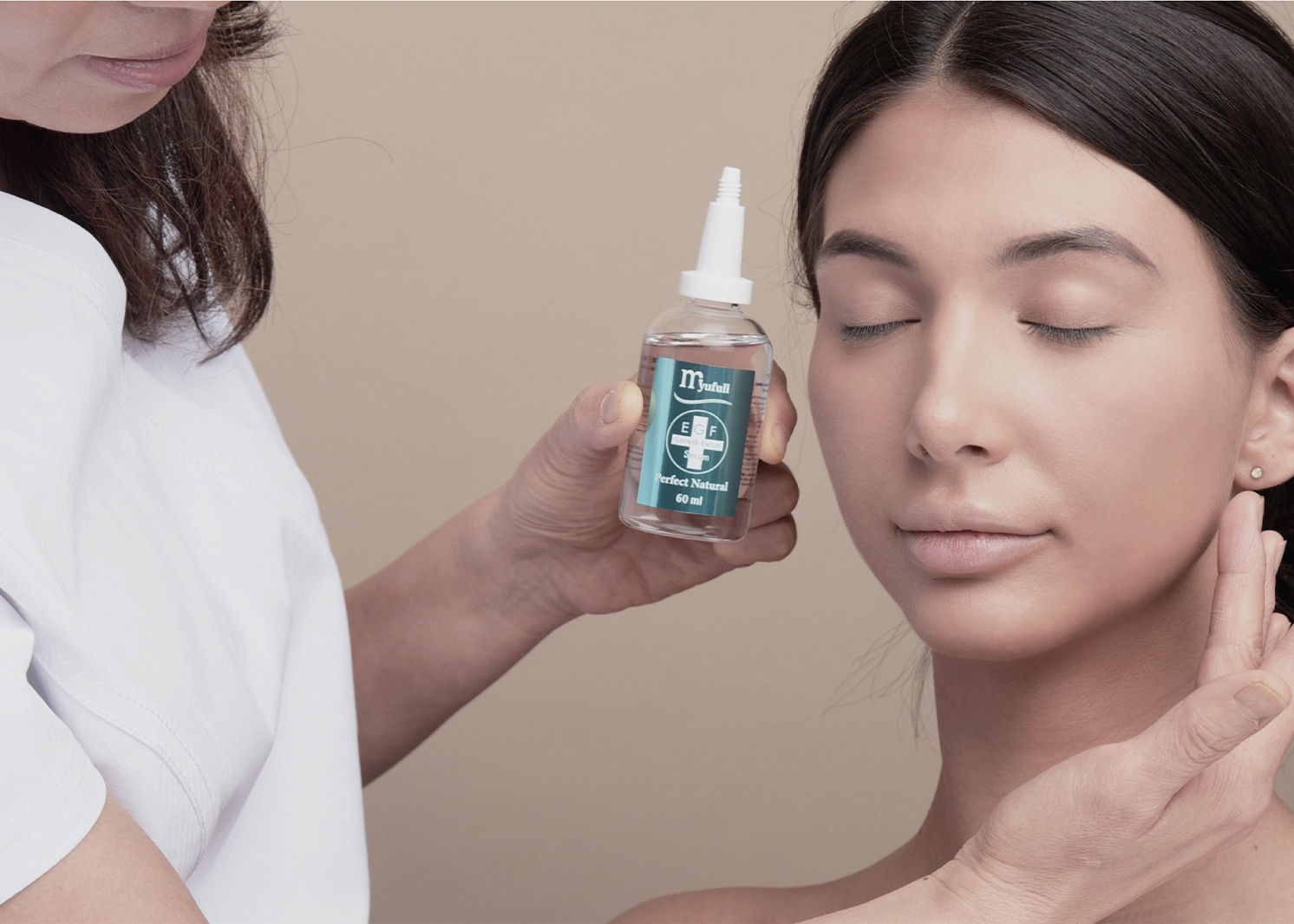 Woman applying Myufull EGF Serum, a powerful anti-aging serum infused with medical-grade EGF and botanical ingredients, promoting skin healing, reducing acne scars, and boosting elasticity for youthful, radiant skin.