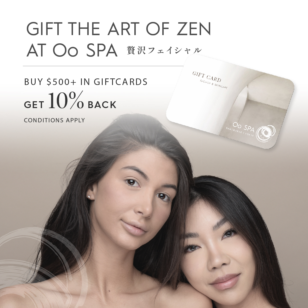 Promotional graphic for Oo Spa: Buy $500 in gift cards and receive 10% back. Perfect for treating yourself or gifting to loved ones for luxurious spa experiences.